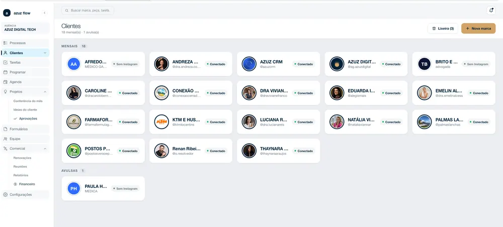 A lista de marcas atendidas, cada uma com a conta de Instagram conectada.